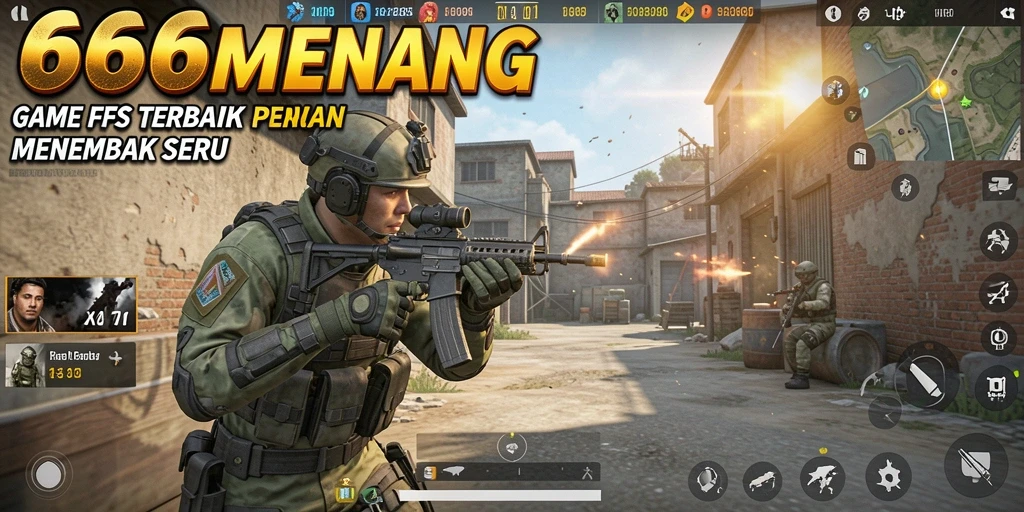 Screenshot permainan 666MENANG menampilkan aksi menembak yang intens di medan perang.