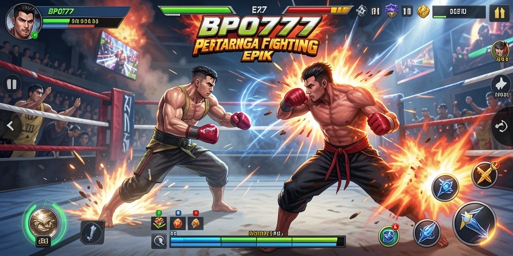 Screenshot BPO777 menunjukkan pertarungan intens dengan karakter beraksi.