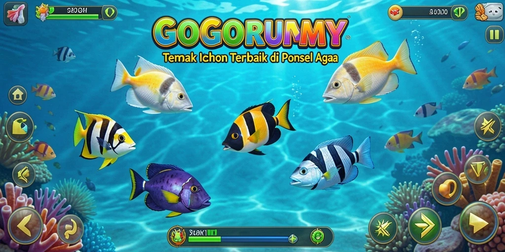 Screenshot GOGORUMMY menampilkan aksi memancing seru di bawah laut.