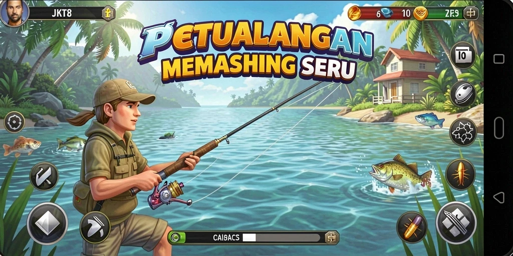Tampilan gameplay JKT8 yang mengasyikkan saat memancing di berbagai lokasi.