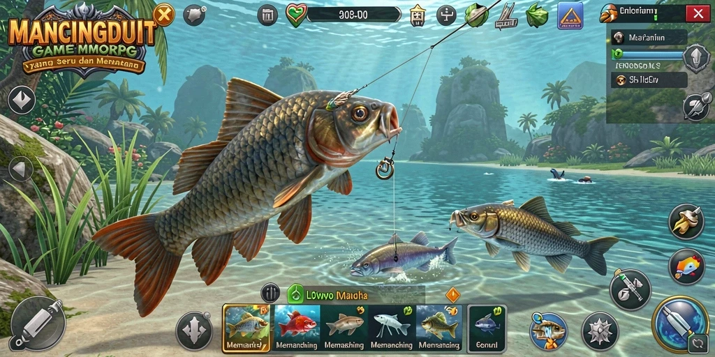 Screenshot gameplay yang menunjukkan aksi memancing dalam MANCINGDUIT.