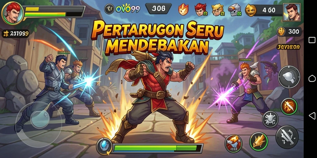 Tampilan gameplay OVO99 yang penuh aksi pertarungan.