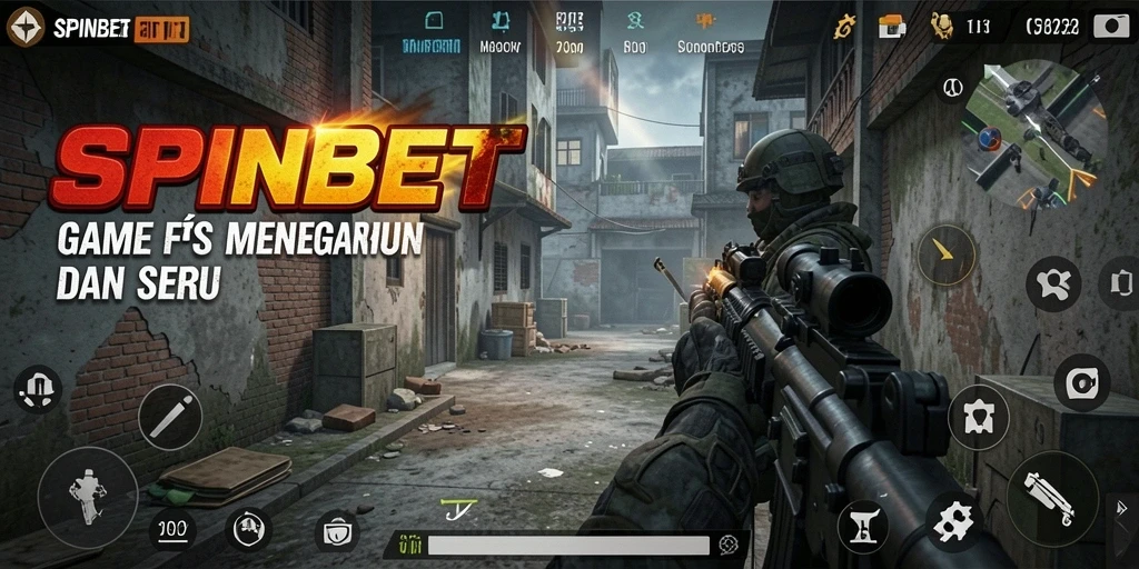 Tangkapan layar gameplay SPINBET menampilkan aksi menegangkan di medan perang FPS.